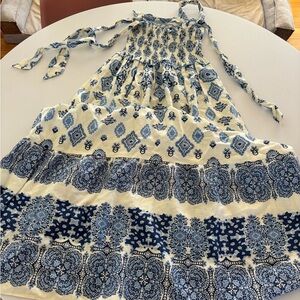 Zara Cream and Blue Smocked Dress with Floral Print